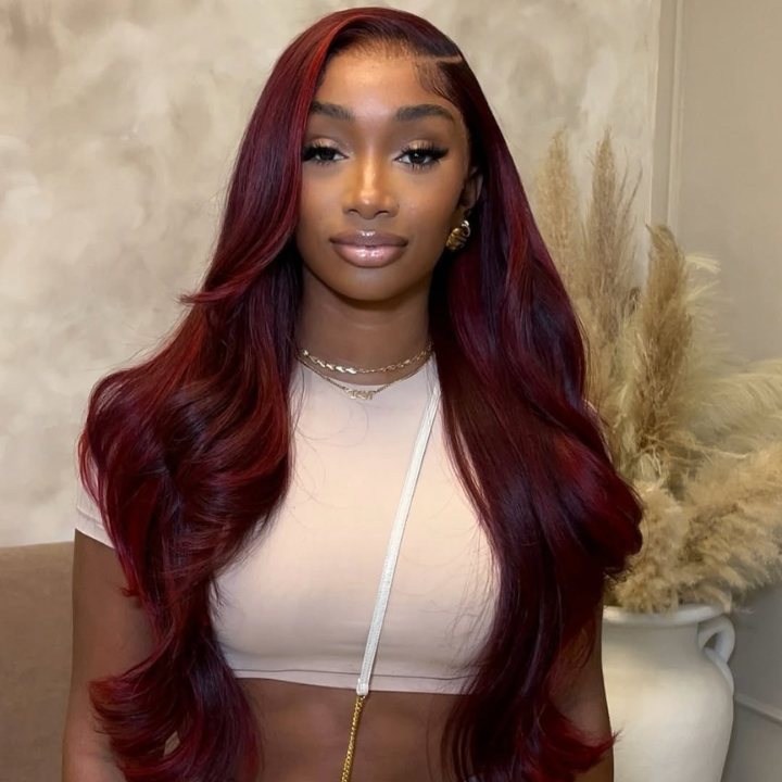 Glueless 7x5 / 13x4 Full Lace Frontal Dark 99J Burgundy Red Colored 3D Body Wave HD Transparent Lace Human Hair Wigs