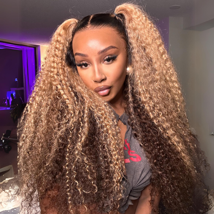 Highlight Color Honey Blonde Curly HD Transparent Full Lace Front Wig With Brown Roots- Bangjazz Hair