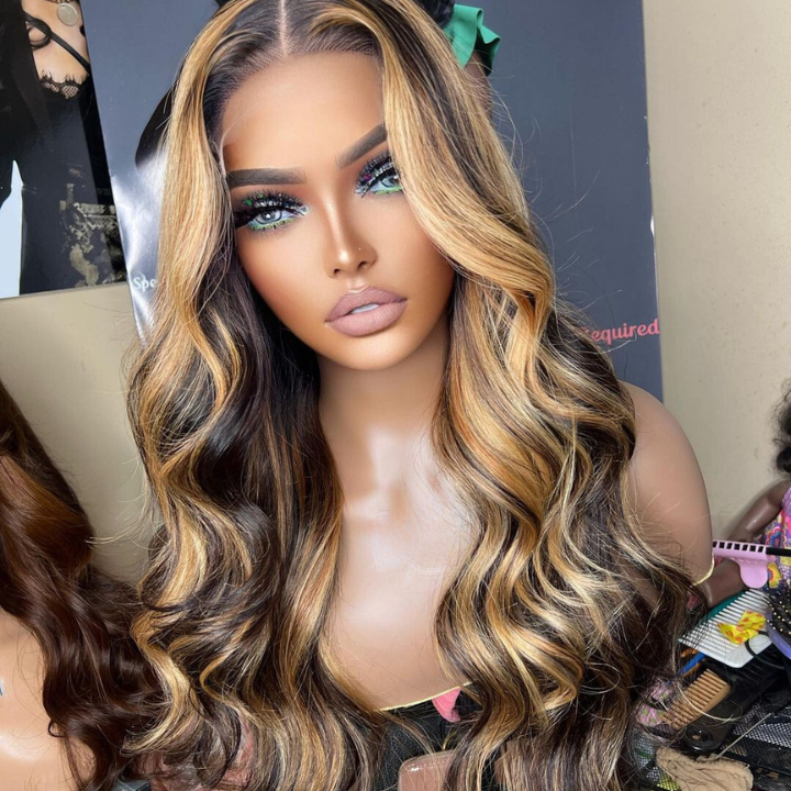 Human Hair Money Piece Highlight Blonde Body Wave Lace Front Color Wigs Highlight 1B/2713x4 HD Lace frontal Human Hair Wig-Bangjazz Hair