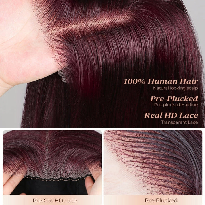 Straight 7x5 / 13x4 Lace Frontal Glueless Dark Purple Cherry Burgundy Wig Invisi Drawstring Human Hair Wigs-Bangjazz Hair