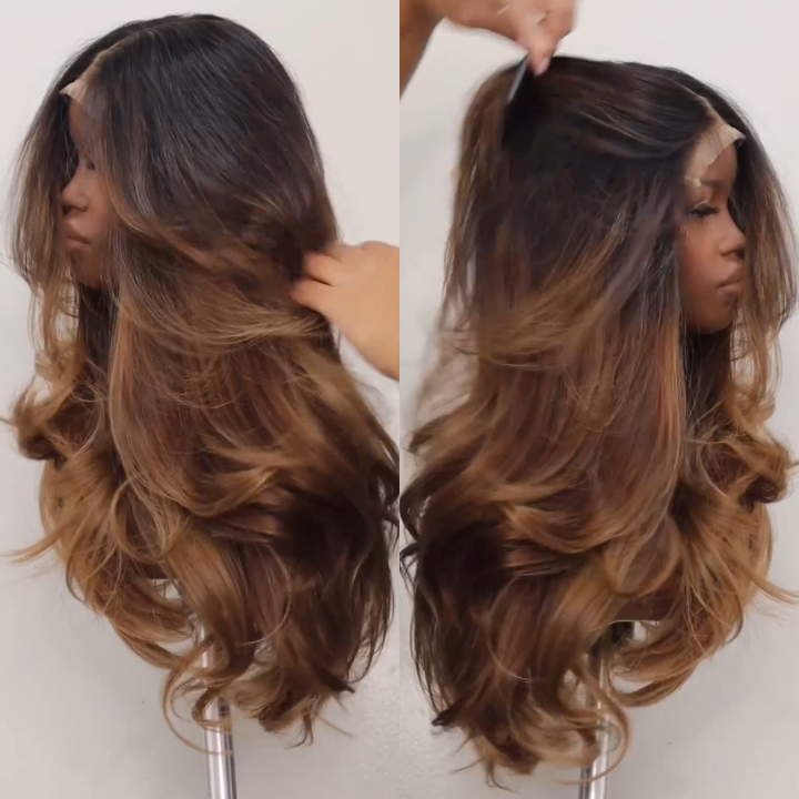 Glueless Layer Body Wave Dark Root Ombre Honey Blonde Lace Front Wig 100% Human Hair - Clear Transparent Lace Front/Closure Human Hair Colored Wig- Bangjazz Hair