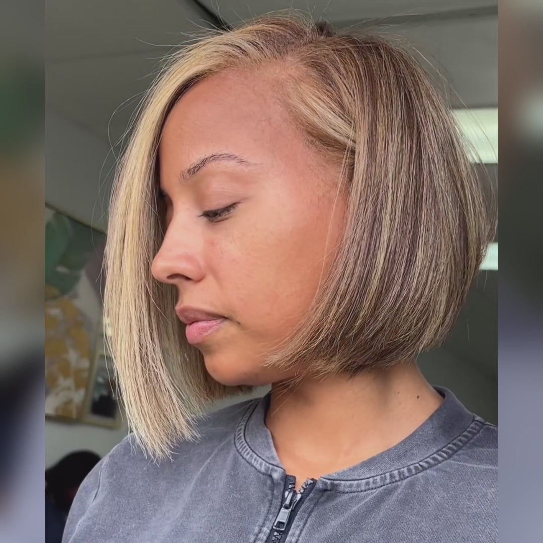 Highlight Golden Mix Brown Stacked Shapes Brazilian Short Bob Straight Glueless Lace Wigs Transparent Lace Frontal Wig Glueless Lace Wigs -Bangjazz Hair