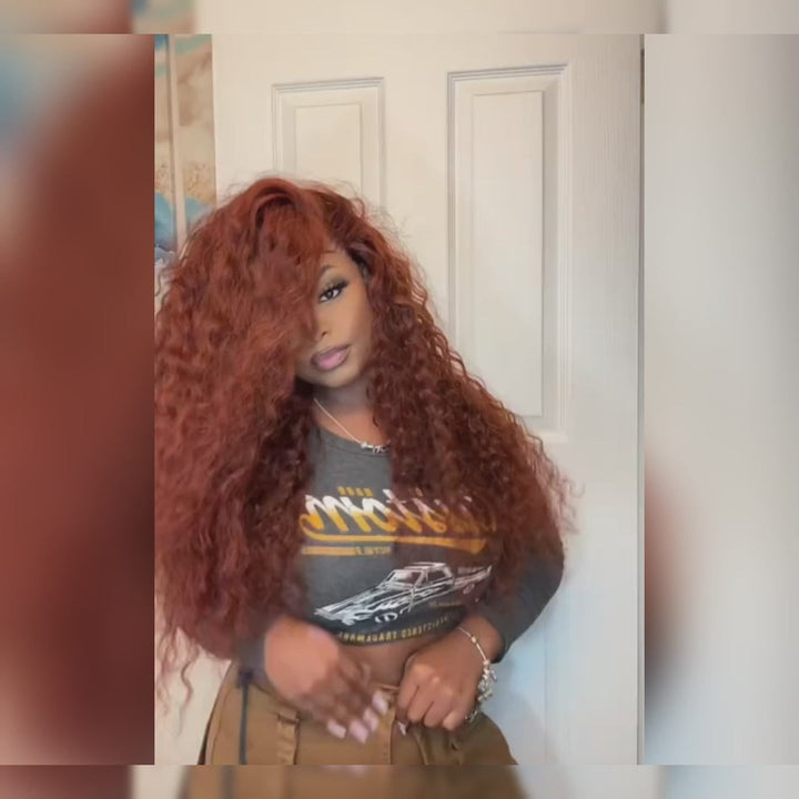 Glueless Water Wave Reddish Brown 7x5 Lace / 13x4 Lace Front Wigs Dark Auburn Colored Human Hair Wig-Bangjazz Hair