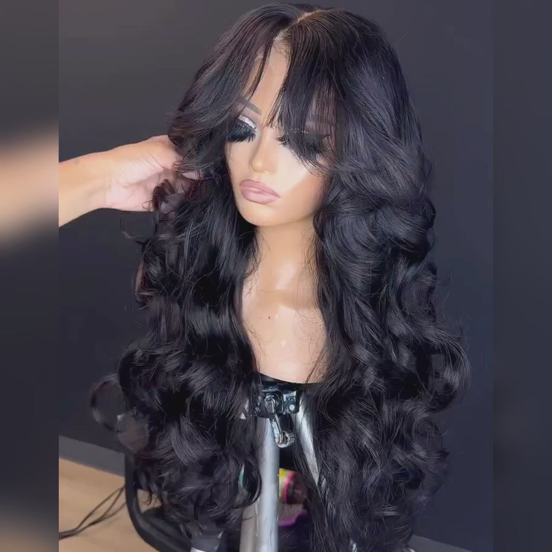300% Density Luxury custom wigs Curtain Bangs Loose Wave Glueless 13x4 Lace Front Wigs Clear Transparent -Bangjazz Hair