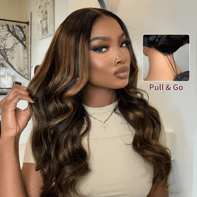 300% Density Glueless 3D Body Wave Highlight Balayage Brown 13x4 Transparent HD Full Lace Put On And Go Human Hair Wig