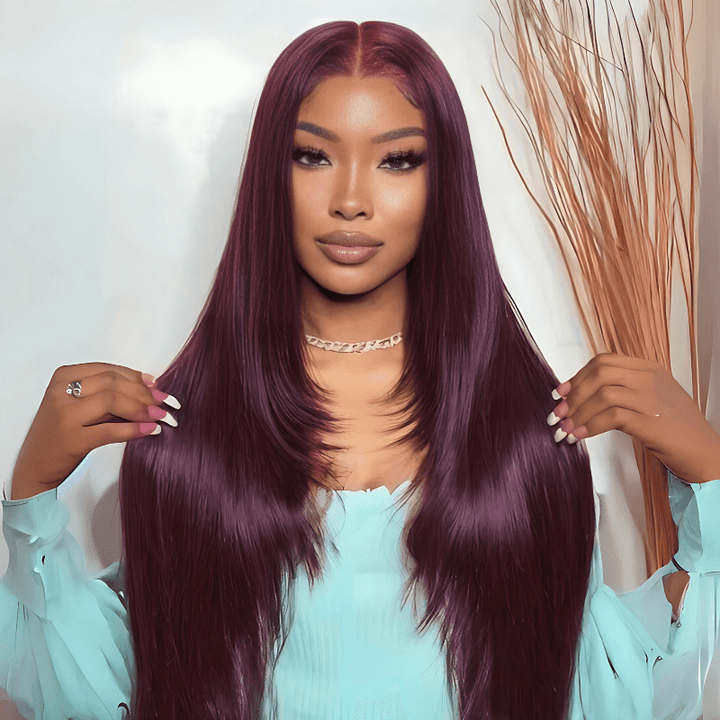 Straight 7x5 / 13x4 Lace Frontal Glueless Dark Purple Cherry Burgundy Wig Invisi Drawstring Human Hair Wigs-Bangjazz Hair