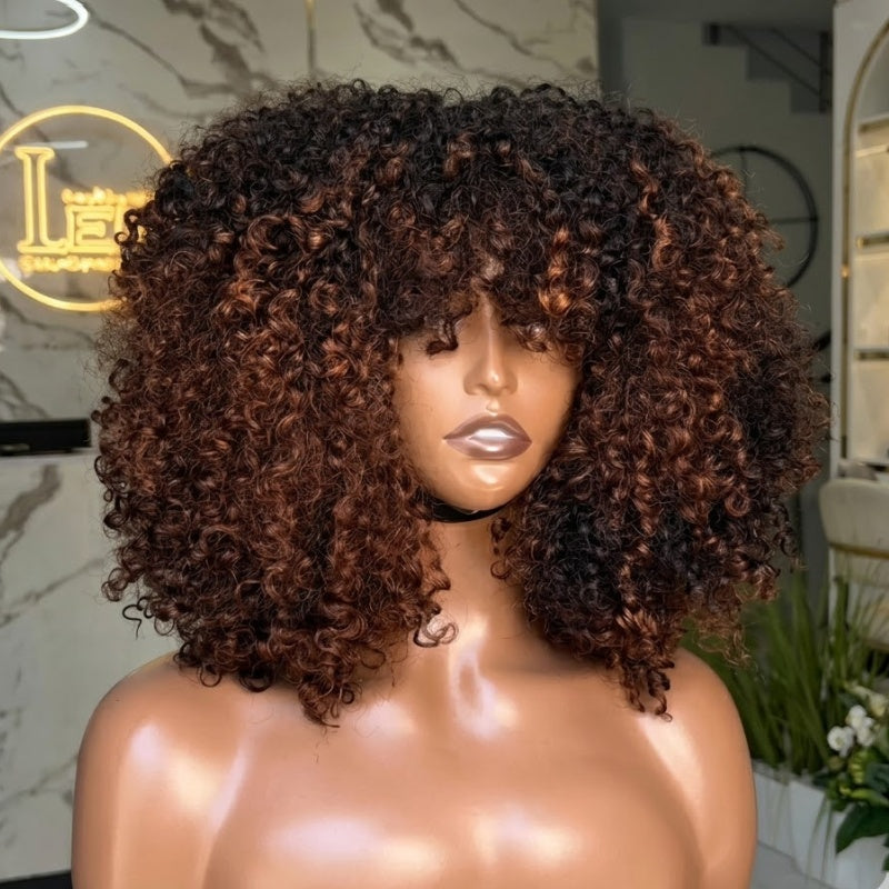 Bangjazz Double Drawn 300% Density 2×4 Lace Glueless Ombre Brown Curly Wig With Bangs &amp; Drawstring