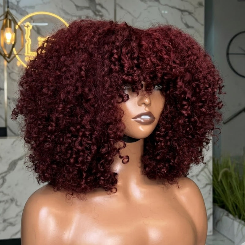 Bangjazz Double Drawn 300% Density 2×4 Lace Glueless Ombre Brown Curly Wig With Bangs &amp; Drawstring