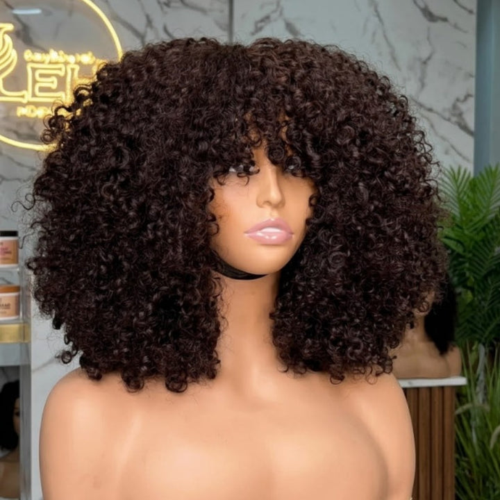 Bangjazz Double Drawn 300% Density 2×4 Lace Glueless Ombre Brown Curly Wig With Bangs &amp; Drawstring