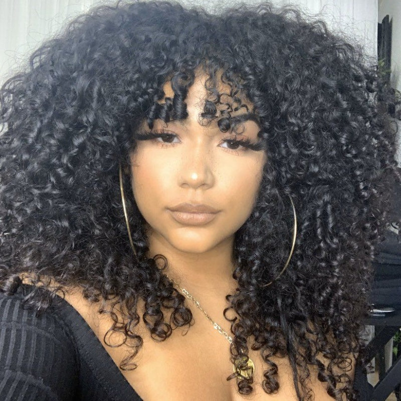 Bangjazz Double Drawn 300% Density 2×4 Lace Glueless Ombre Brown Curly Wig With Bangs &amp; Drawstring
