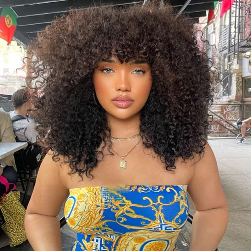 Bangjazz Double Drawn 300% Density 2×4 Lace Glueless Ombre Brown Curly Wig With Bangs &amp; Drawstring