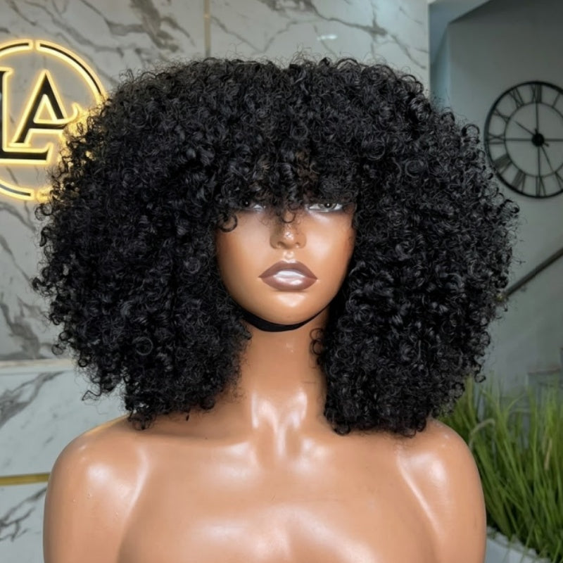 Bangjazz Double Drawn 300% Density 2×4 Lace Glueless Ombre Brown Curly Wig With Bangs &amp; Drawstring