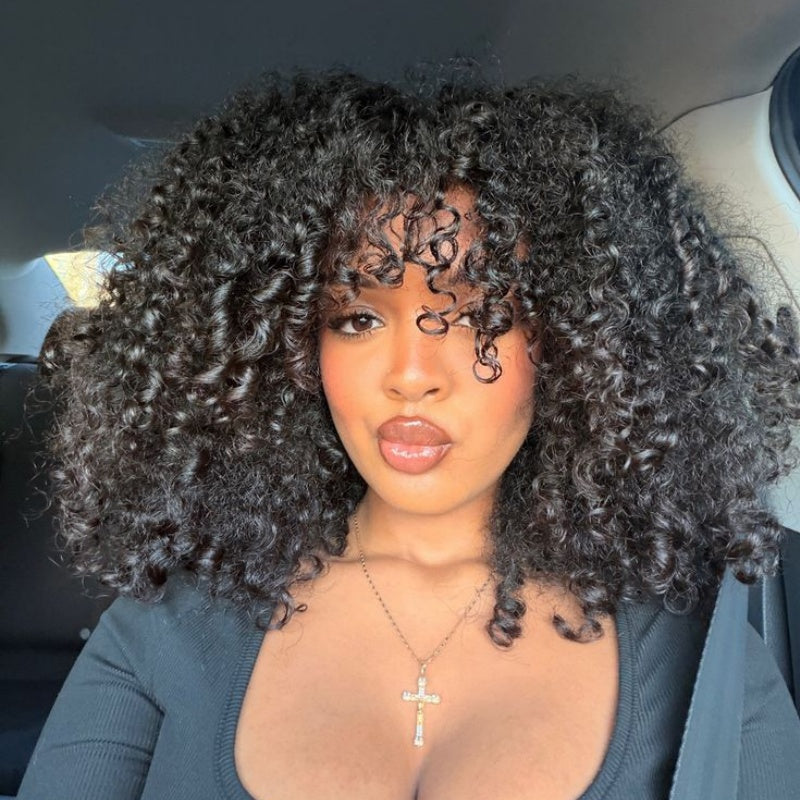 Bangjazz Double Drawn 300% Density 2×4 Lace Glueless Ombre Brown Curly Wig With Bangs &amp; Drawstring