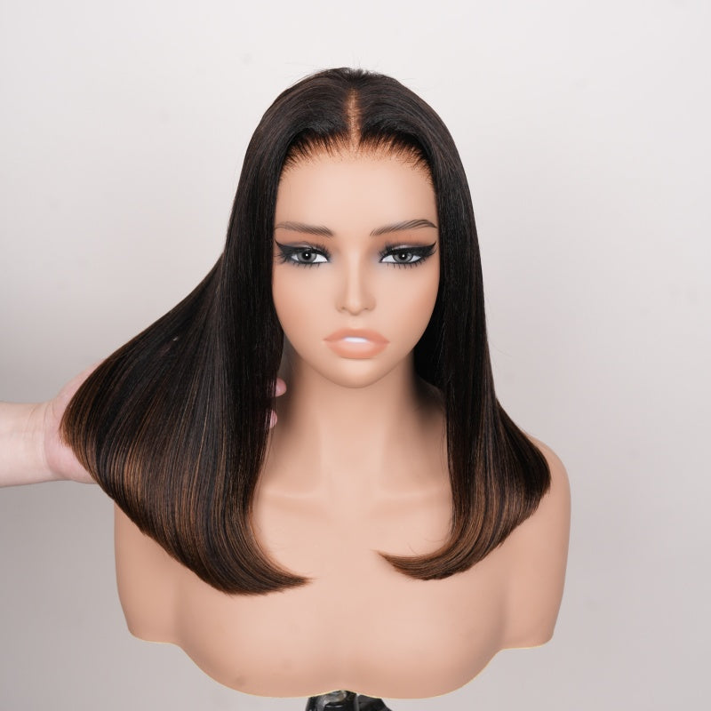 Bangjazz Hair Glueless Ombre Brown Yaki Straight Human Hair Bob Wig