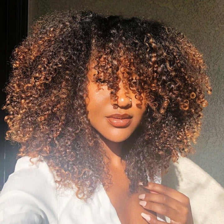 Bangjazz Double Drawn 300% Density 2×4 Lace Glueless Ombre Brown Curly Wig With Bangs &amp; Drawstring