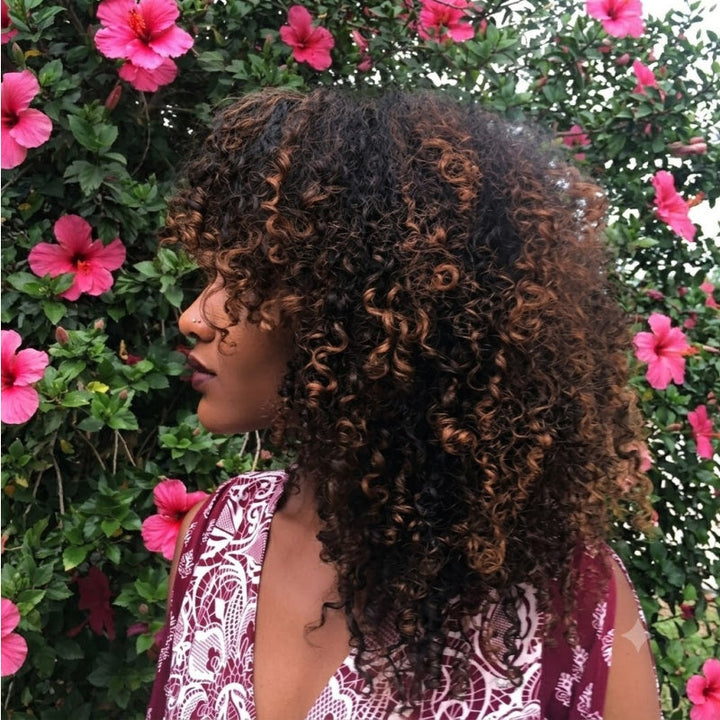 Bangjazz Double Drawn 300% Density 2×4 Lace Glueless Ombre Brown Curly Wig With Bangs &amp; Drawstring