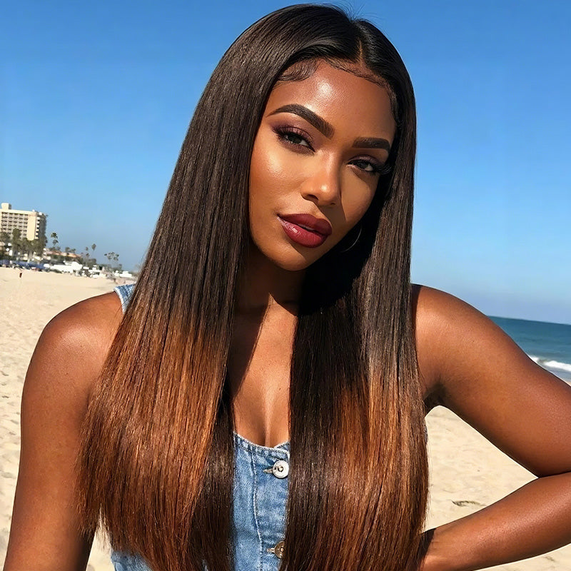 Bangjazz Hair Glueless Ombre Brown Yaki Straight Human Hair Bob Wig