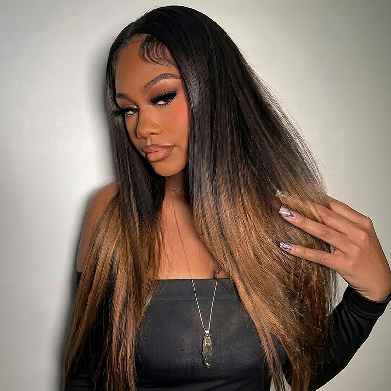 Bangjazz Hair Glueless Ombre Brown Yaki Straight Human Hair Bob Wig