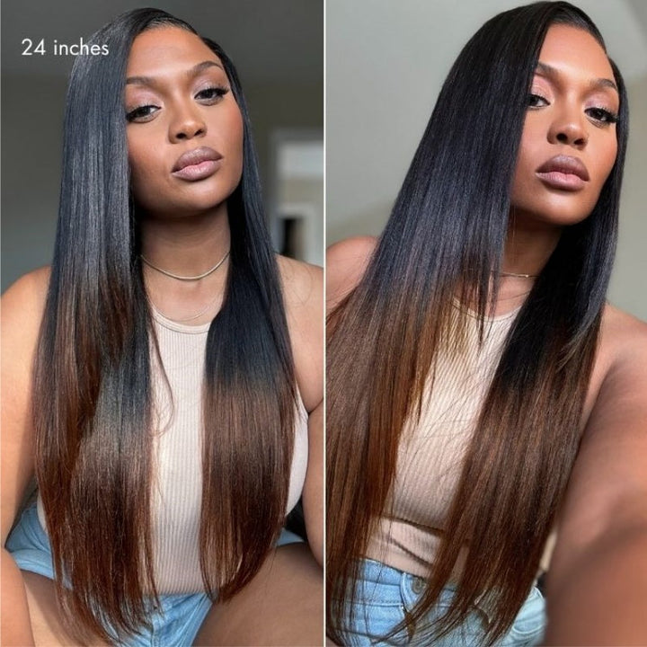 Bangjazz Hair Glueless Ombre Brown Yaki Straight Human Hair Bob Wig