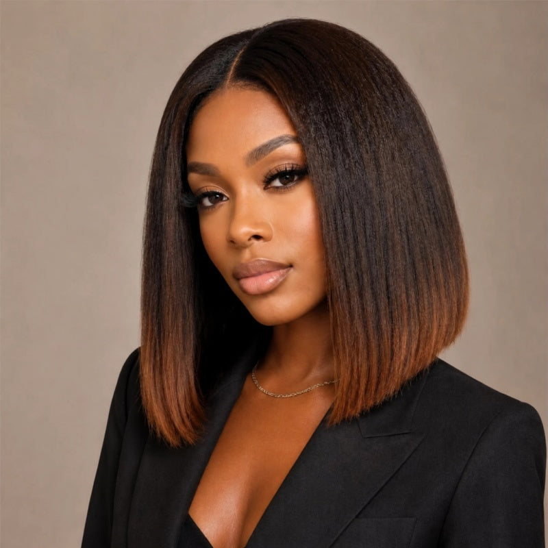Bangjazz Hair Glueless Ombre Brown Yaki Straight Human Hair Bob Wig