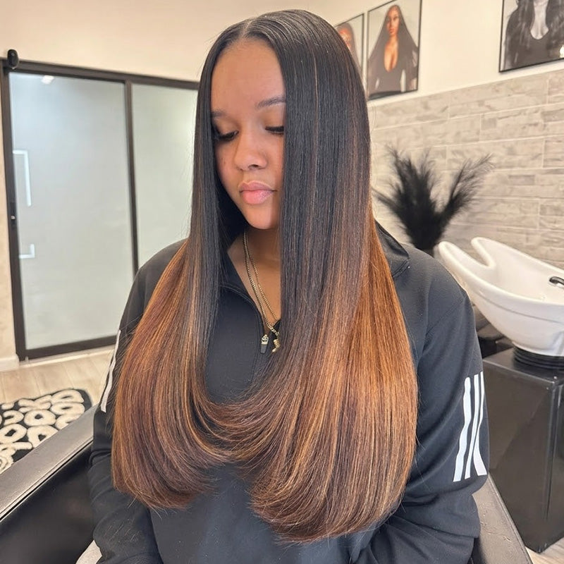 Bangjazz Hair Glueless Ombre Brown Yaki Straight Human Hair Bob Wig
