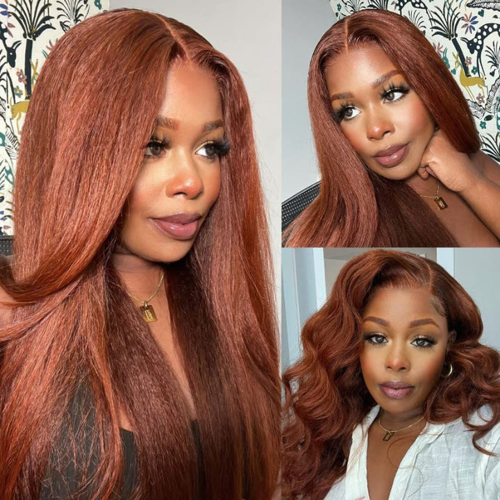 Kinky Straight Reddish Brown / Highlight Brown / Natural Color 13x4 Transparent Lace Front Wigs 100% Human Hair Wigs
