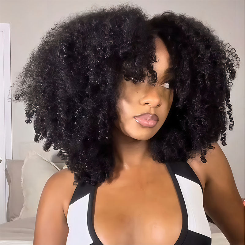 Bangjazz Glueless Thick Fluffy Afro Curly Human Hair Bob Wigs 7x5 / 13x4 Invisiable Lace Wig