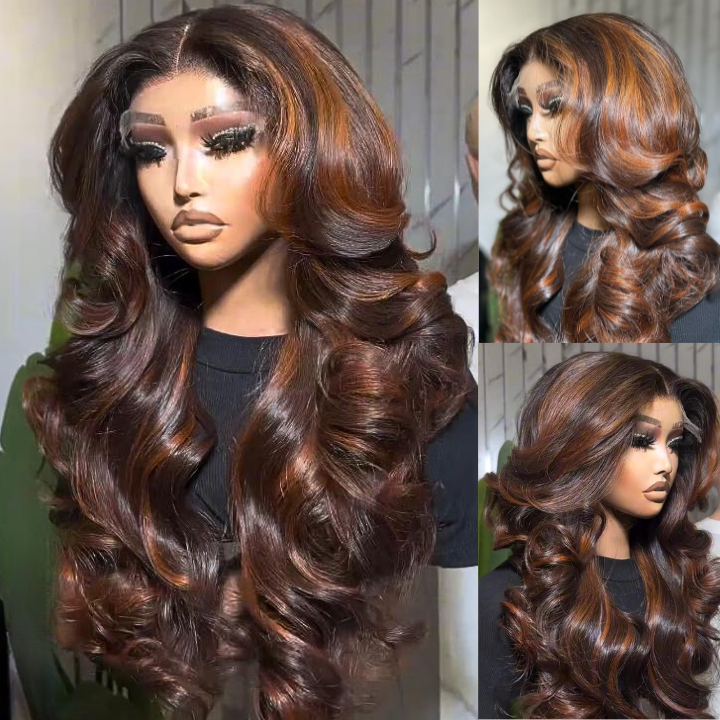 Highlight Brown 7x5/13x4 Full Lace Loose Wave Wigs with Curtain Bangs Human Hair Undetectable Clear Transparent Lace Wigs - Bangjazz Hair