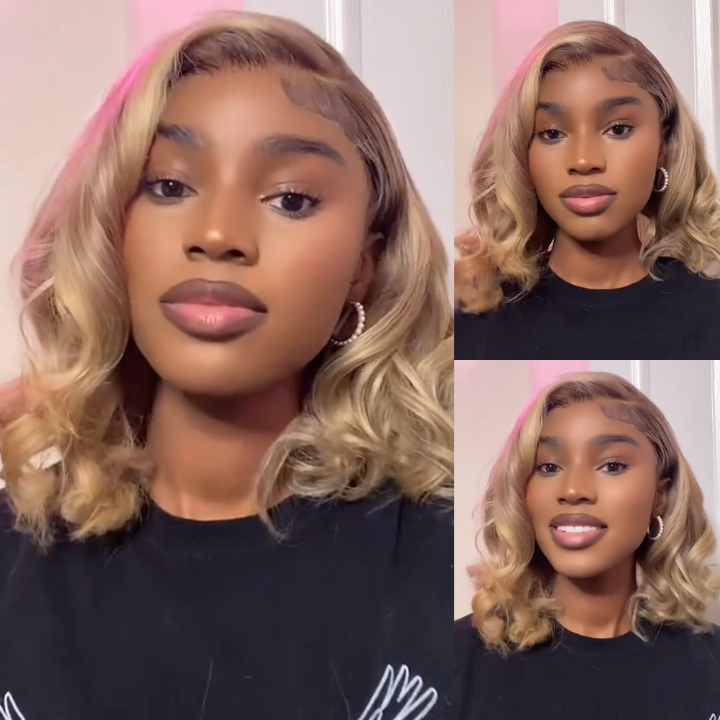 Ombre Ash Blonde Straight Short Bob 180% Density Transparent Lace Frontal Glueless Wigs -Bangjazz Hair