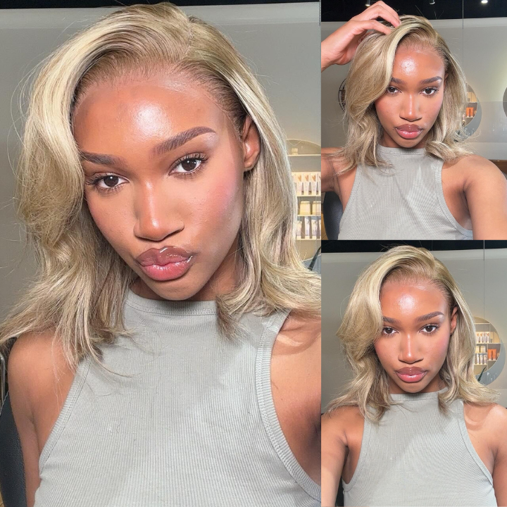 Ombre Ash Blonde Straight Short Bob 180% Density Transparent Lace Frontal Glueless Wigs -Bangjazz Hair