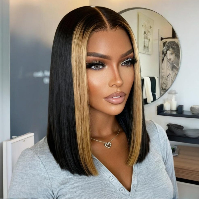 Highlight Light Brown Short Bob Straight Glueless 13x4 Full Lace Front Human Hair Wig - Bangjazz Hair