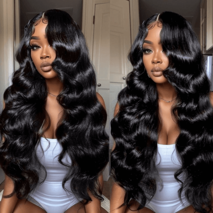 300% Density Glueless 3D Body Wave 7x5 / 13x4 HD Transparent Lace Pull And Go Invisible Drawstring Human Hair Wigs With Natural Hairline-Bangjazz Hair