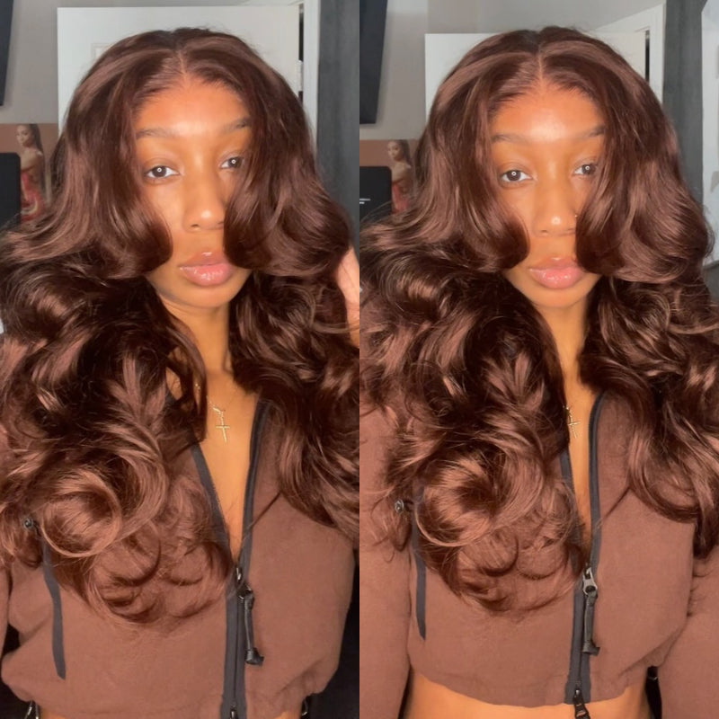 Chestnut Brown Loose Wave Human Hair Wigs with Curtain Bangs Glueless Lace Front Colored Wig - Bangjazz Hair