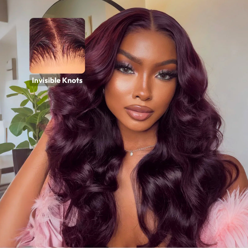 Straight 7x5 / 13x4 Lace Frontal Glueless Dark Purple Cherry Burgundy Wig Invisi Drawstring Human Hair Wigs-Bangjazz Hair