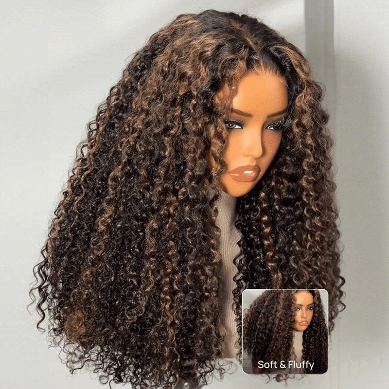 300% Density Brown Highlight Burmese Curly 13x6 Lace Front HD Transparent Lace Glueless Human Hair Wig