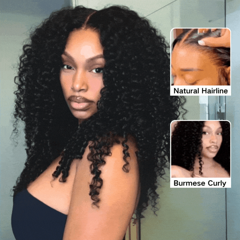 Burmese Curly End Glueless 13x6 Lace Front 200% Density Double Drawn Put On And Go Human Hair Wig