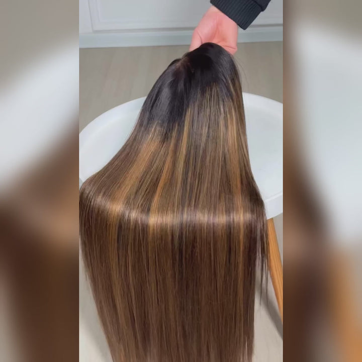 300% Density Balayage Highlights Straight 13x4 Full Lace Front HD Transparent Lace Glueless Wig Bangjazz Hair