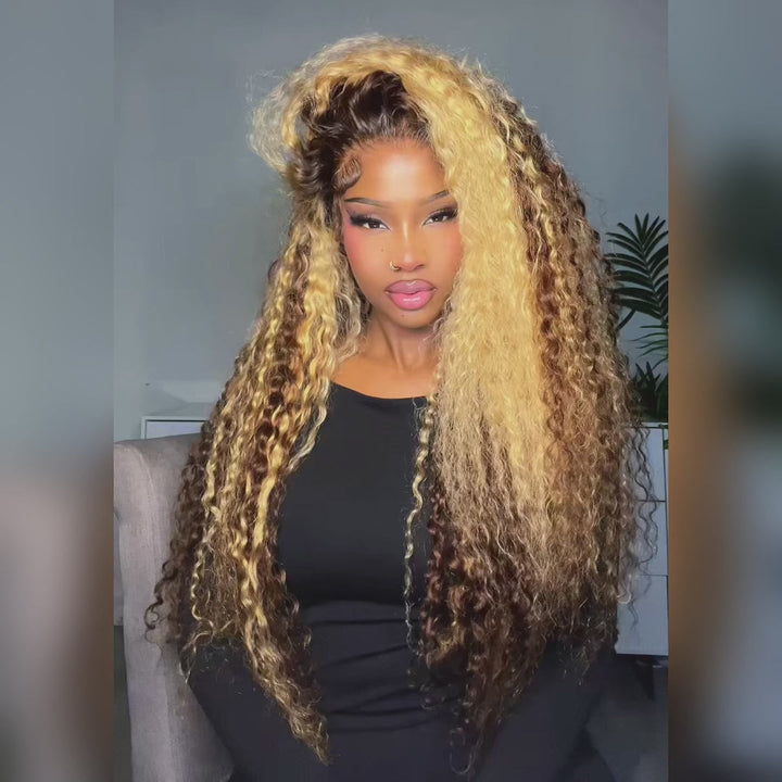 Highlight Color Honey Blonde Curly HD Transparent Full Lace Front Wig With Brown Roots- Bangjazz Hair