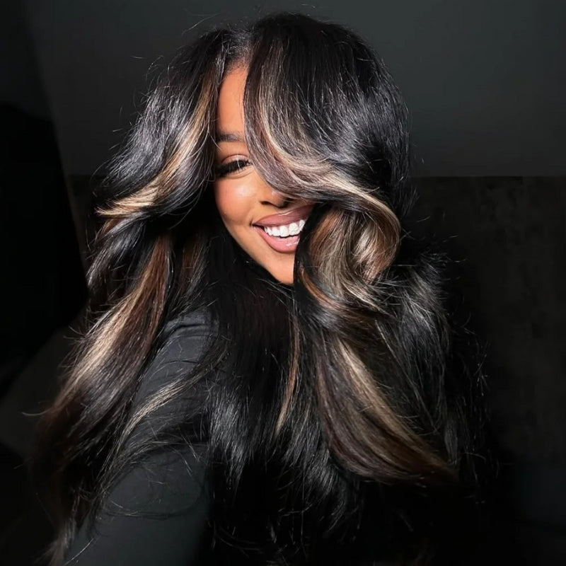 Glueless Clear Transparent Lace Frontal Wig Human Hair Highlight Brown Colored Body Wave Wig - Bangjazz Hair