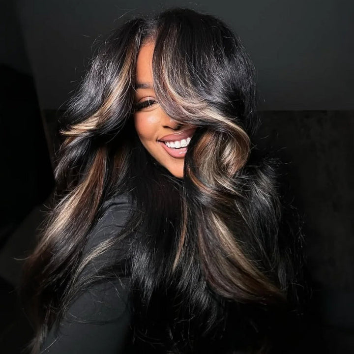 Glueless Clear Transparent Lace Frontal Wig Human Hair Highlight Brown Colored Body Wave Wig - Bangjazz Hair
