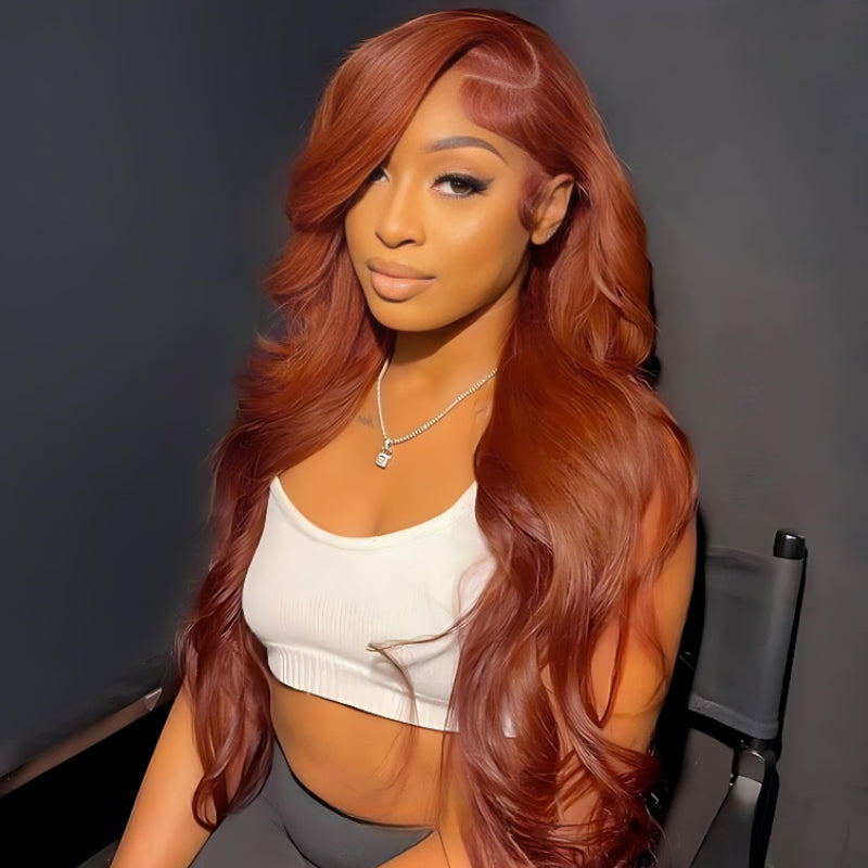 Double Drawn Hair Luxurious Copper Auburn Body Wave Glueless 13x6 Lace Front 200% Density Orange Put On And Go Human Hair Wig