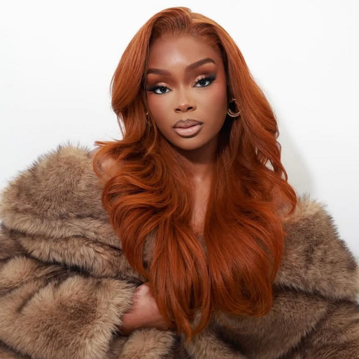 Double Drawn Hair Luxurious Copper Auburn Body Wave Glueless 13x6 Lace Front 200% Density Orange Put On And Go Human Hair Wig