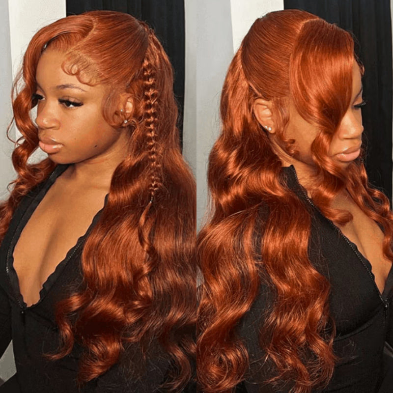 Double Drawn Hair Luxurious Copper Auburn Body Wave Glueless 13x6 Lace Front 200% Density Orange Put On And Go Human Hair Wig