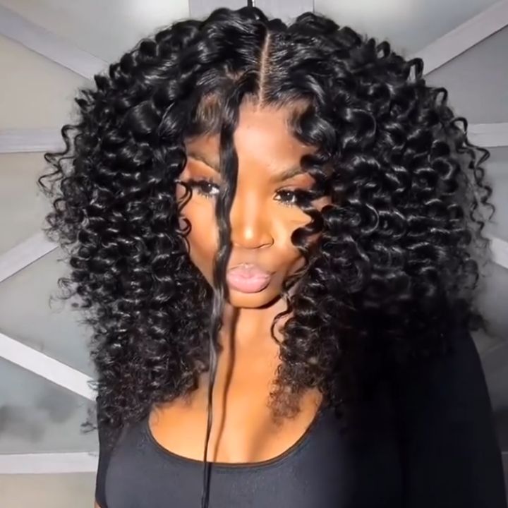Super Bouncy Deep Curly Glueless Lace Wig Pre Cut Lace with Natural Hairline Mini Knots Human Hair Clear Transparent Lace Front/Closure Wig Natural Black - Bangjazz Hair