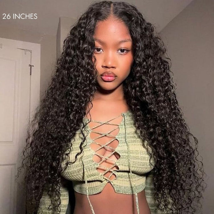 Glueless Water Wave &amp; Curly Natural Black Bouncy 13x4 Lace Frontal Transprent Lace Wig Beginner Friendly