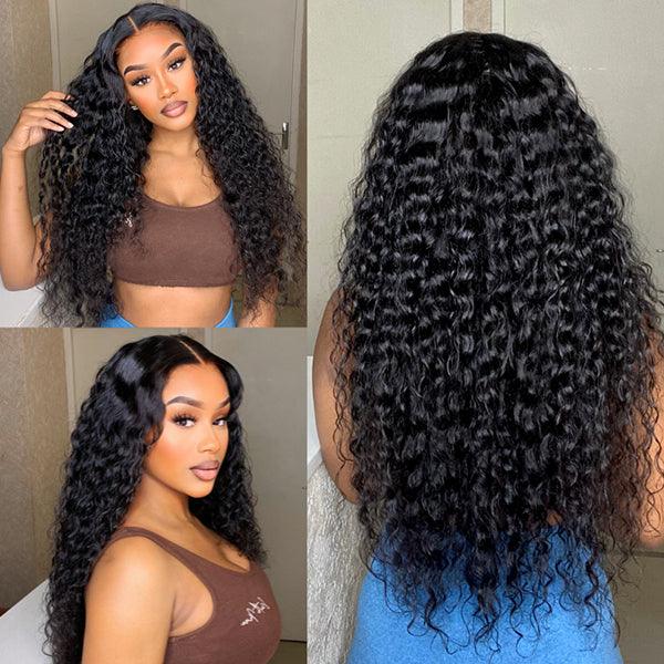 Glueless Water Wave &amp; Curly Natural Black Bouncy 13x4 Lace Frontal Transprent Lace Wig Beginner Friendly
