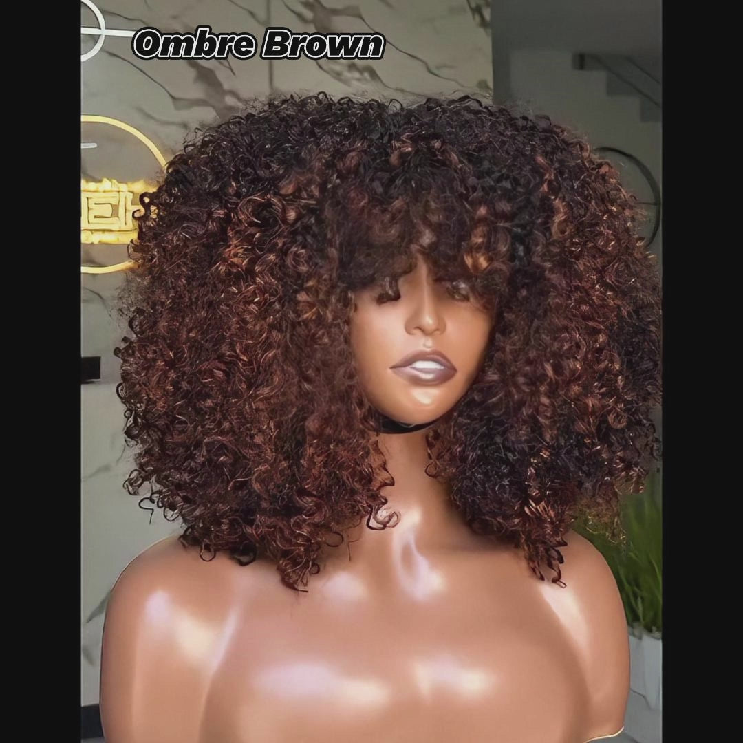 Bangjazz Double Drawn 300% Density 2×4 Lace Glueless Ombre Brown Curly Wig With Bangs &amp; Drawstring