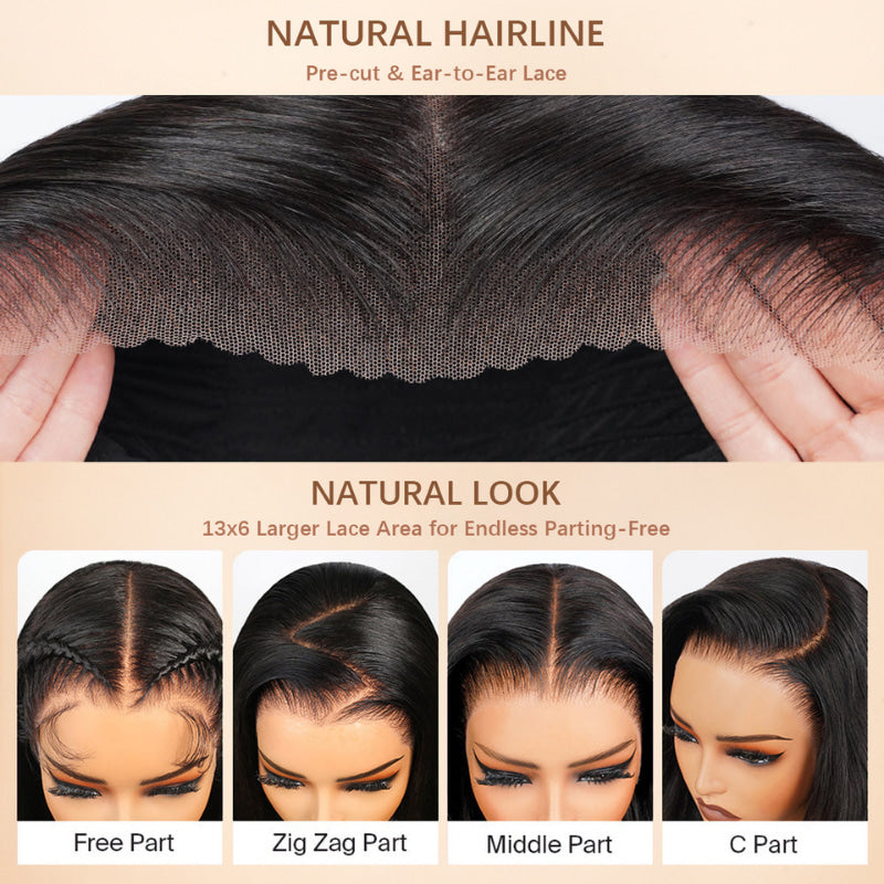 300% Density Glueless 3D Body Wave 7x5 / 13x4 HD Transparent Lace Pull And Go Invisible Drawstring Human Hair Wigs With Natural Hairline-Bangjazz Hair