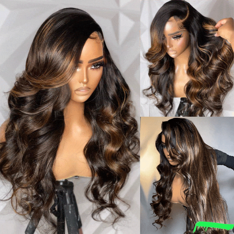 300% Density Glueless 3D Body Wave Highlight Balayage Brown 13x4 Transparent HD Full Lace Put On And Go Human Hair Wig