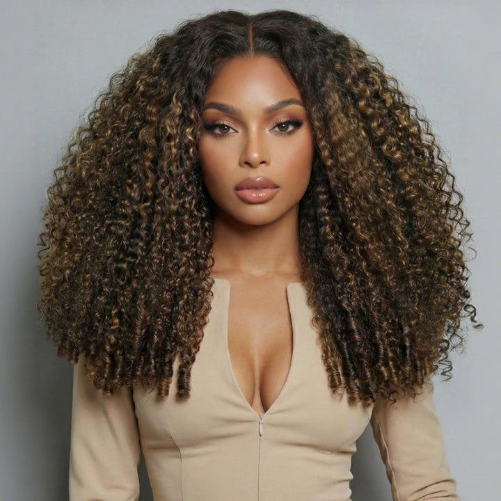 300% Density Brown Highlight Burmese Curly 13x6 Lace Front HD Transparent Lace Glueless Human Hair Wig